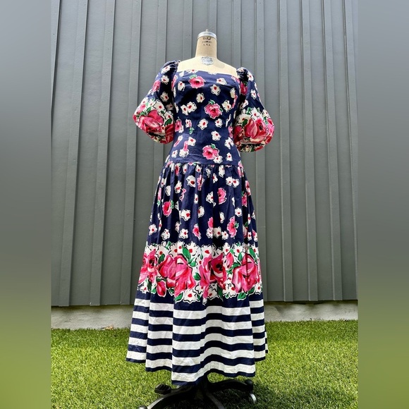 1980s puff sleeve Leslie Lucks floral & stripes dress - Picture 3 of 15